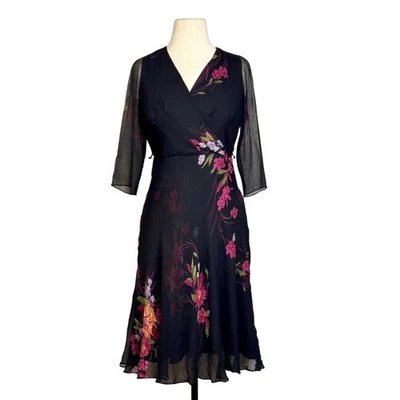 Coldwater Creek Black Pink Floral Vintage Silk Beaded Faux Wrap Dress Size P6 - Image 1 of 4