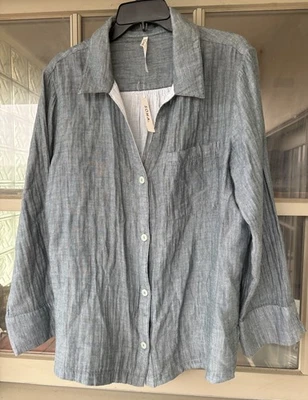 NUEVO CON ETIQUETAS SOMA Algodón Gasa Manga Larga Cuello Muesca Mar Oscuro Tinte Cruzado Top Talla Grande Foto 1 de 2