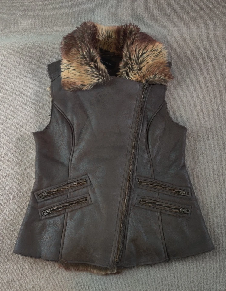 Jaqueta colete de pele sintética MO X somente membros S marrom vegana desgastada moto zíper completo - Imagem 1 de 4