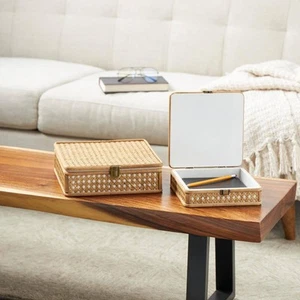 Square Rattan Handmade Woven Rattan Box with Bronze Latches (Set of 2) - Picture 1 of 9