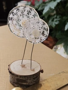 Fused Glass Snowy Trees / Dandelions 13cm H 5.5cm,4.5cm Dia 5.5cm Wood Base - Picture 1 of 20