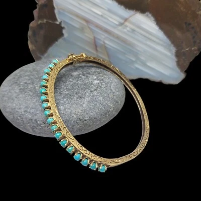 14K Yellow Gold Turquoise 4.50mm Hinged Bangle Bracelet 7" - Image 1 of 4