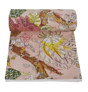 Indian King Size Cotton Kantha Quilt Handmade Hand Block Print Bedspread Throw - Picture 1 of 5