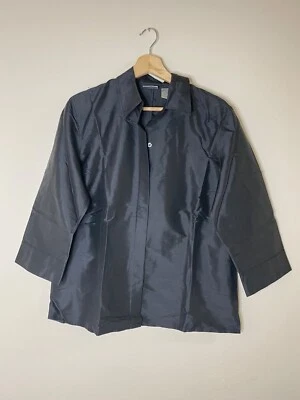 Chico's Mujer Seda Manga 3/4 Botón Top Talla 2 Negro Clásico Preppy Foto 1 de 4