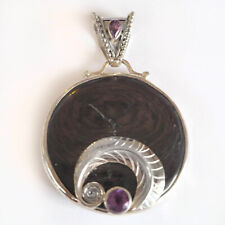 Offerings Sajen 925 SS Hypersthene and Amethyst Pendant with Silver Leaf