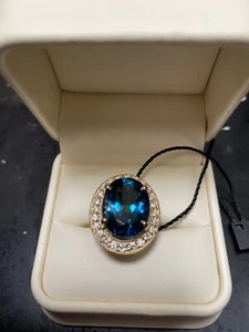 LONDON BLUE TOPAZ & 24 BRILLIANT CUT DIAM DRESS /ENGAGE RING 14CT Y/G. 11.01 CT. - Picture 1 of 7