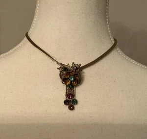 Vintage 1950’s Multicolor Strass Blume Halskette Quaste goldfarben Halsband 15” - Bild 1 von 10