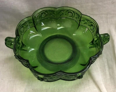 Green Glass Footed Fruit Salad Serving Bowl Centerpiece Scalloped Handles Roses - Image 1 of 4