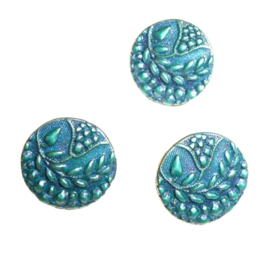 Beautiful Bluish Antique Reproduction Metal Shank Buttons 1/2" Flower  3 Buttons - Image 1 of 4