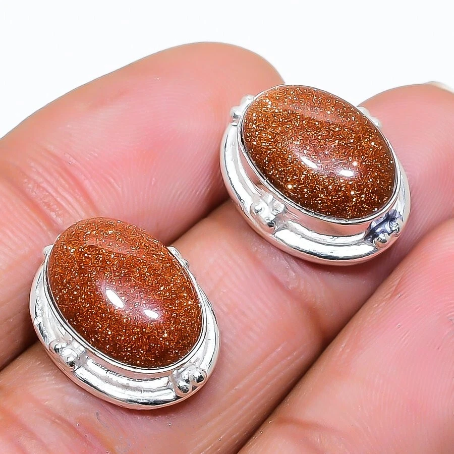 Red Sunstone Gemstone Handmade 925 Sterling Silver Jewelry Stud Earring Sz 0.75" - Image 1 of 1