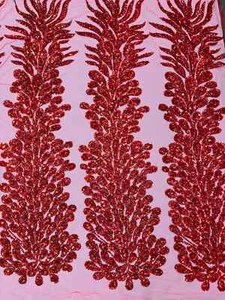 3D Bead Peacock Feathers - Red - Vegas Sequins Design Fabric By Panel - Picture 1 of 4