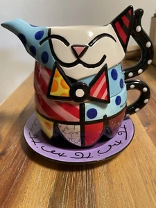 Romero Britto Pottery Art Cat With Teapot, Cup & Plate 3 Pc Set 2008 Retired - Picture 1 of 16