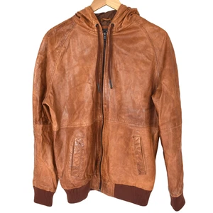 Chaqueta Bomber Industrie Marrón Cuero Genuino Con Capucha Talla L - Imagen 1 de 10