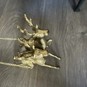 Christmas Solid Brass Reindeer Pulling Santa Sleigh Figure~Taiwan - Picture 1 of 7