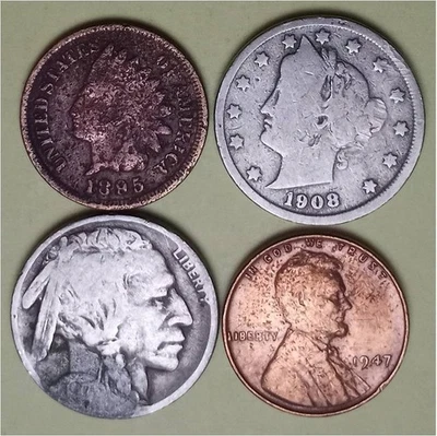 Lot of 4 Old Coins – 1 Indian Head Penny, 1 Lib V 5c, 1 Buffalo 5c & 1 Linc 1c - Image 1 of 2