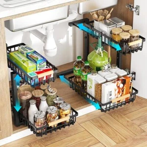 New-Under Sink Organizer, 2 Tier Under Sink Organizers and Storage, Metal Slide - Picture 1 of 6