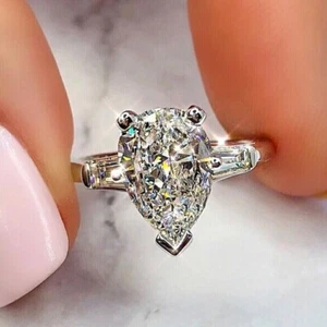 3.Ct Pear Cut DVVS1 Moissanite Three Stone Engagement Ring 14K White Gold Plated - Picture 1 of 6