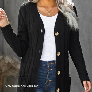Women Soft Button Down Chunky Cable Knit Cardigan Long Sleeve Solid With Pockets
