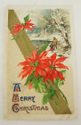 Early 1900'S A Merry Christmas Vintage Post Card Germany Red Flower Snow Scene