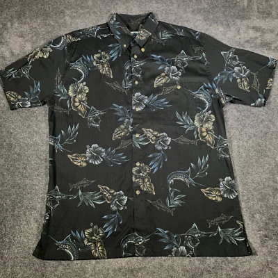 Hook & Tackle Shirt Men’s L Hawaiian Floral Black Button-Down Short Sleeve - Image 1 of 4