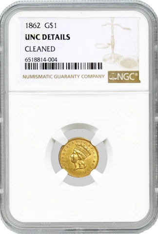 1862 $1 Indian Head Princess Gold Dollar Type 3 UNC Details Cleaned Coin Cover