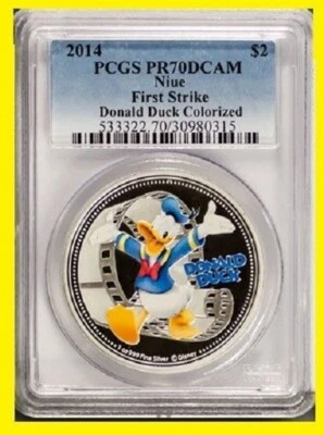2014 DISNEY donald COLORIZED 1 OZ SILVER RARE PCGS PR 70 DC FIRST STRIKE - Image 1 of 2