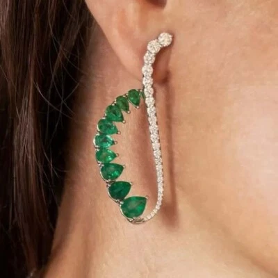 Lab Created Emerald & Diamond 14K White Gold Plated Wedding Gifts Cuff Earrings - Image 1 of 4