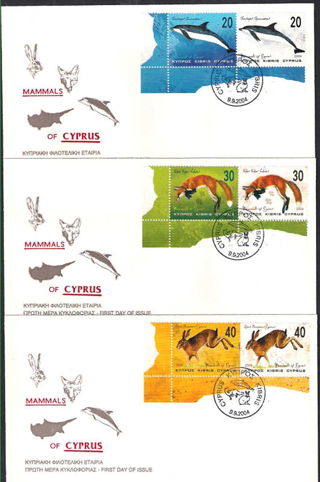 2004 Mamíferos de Chipre Delfín Zorro Liebre Lepus Juego de 6v Bonito Esquina Uno/Al FDC. Foto 1 de 1