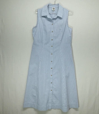 Vestido Anne Klein Mujer 10 Azul Blanco Rayas Sin Mangas Botón Frontal Camisa Midi Foto 1 de 4