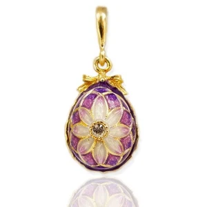 Russian Sterling Silver Egg Pendant Hand Enameled Floral Enameled Purple - Picture 1 of 3
