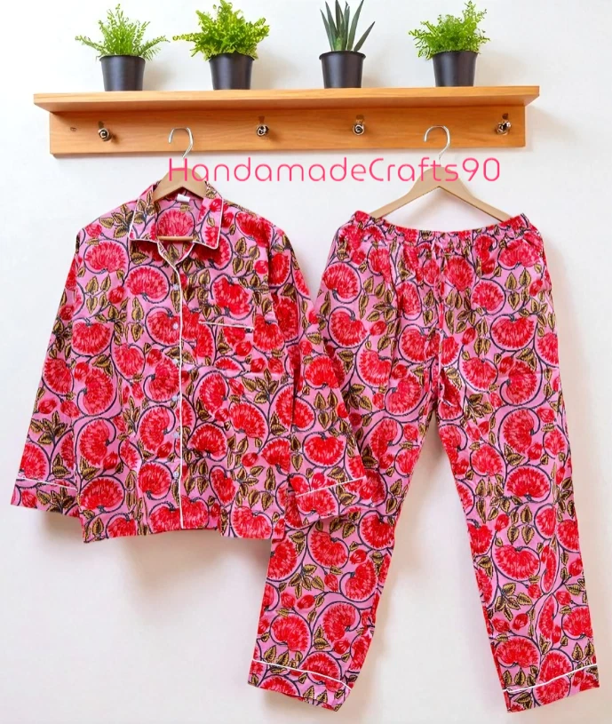 Hand block print PJs cotton Short sleeve long Pajama sets Gift For Her - Image 1 of 4