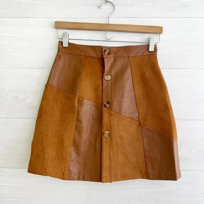 Lost Ink - Minifalda marrón botón delantero línea A imitación cuero talla 8 Foto 1 de 4