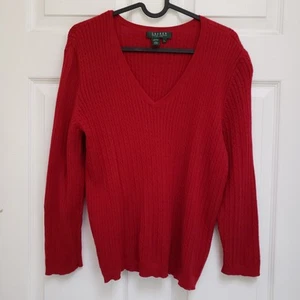 Lauren Ralph Lauren Red Cable Knit V-Neck Cotton Sweater Womens L Petite - Picture 1 of 4