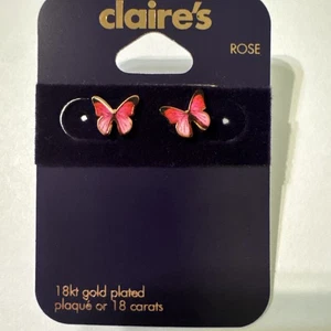 18k Gold Plated Butterfly Earrings Claire's NEW Pink Rose - Picture 1 of 5