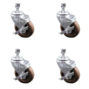 4 Inch SS High Temp Glass Filled Nylon 12mm Threaded Stem Caster Set Brake - Picture 1 of 4