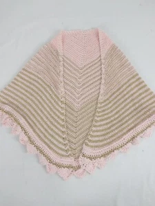 Childs Hand Knit Striped Shawl Pink Green Lightweight Girls 7-8 - Picture 1 of 6