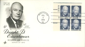 1970 Eisenhower FDC 6 Cent Stamp Block of 4 - Picture 1 of 2