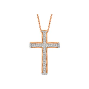 14K Rose Gold Natural Diamond Cross Pendant Necklace 18" Silver Rope Chain - Picture 1 of 5