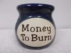 Money To Burn Blue Embossed Pottery Crock Jug Container Bank - Picture 1 of 4