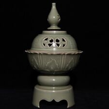 12.2" Antique Song dynasty Porcelain yue kiln cyan glaze flowers Incense Burner