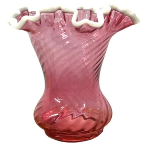 Fenton Glass Cranberry Swirl Vase Ruby Snowflake White Ruffled Edges Rim Vintage - Picture 1 of 13
