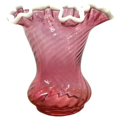 Fenton Glass Cranberry Swirl Vase Ruby Snowflake White Ruffled Edges Rim Vintage - Image 1 of 4