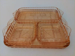 4 pc Vintage Jeannette Doric Relish Tray Dish Set Pink Depression Glass Rare - Picture 1 of 12