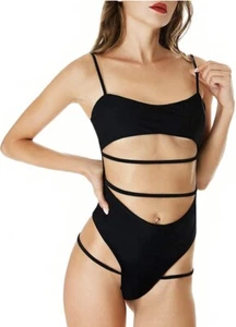Sexy Belly Cutout Swimsuit One Piece Tummy Control Strappy Bathing Suit-M/black - Picture 1 of 5