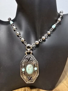 1928 Faux Turquoise & Silver Tone 34" Necklace With Beautiful 2" Hammered... - Picture 1 of 10