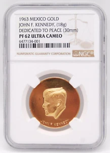 1963 Mexico Gold John F Kennedy - Dedicated to Peace 30mm - NGC PF62 Ultra Cameo - Picture 1 of 4