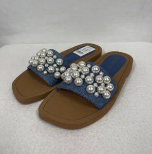 Stuart Weitzman Goldie Denim Pearl Sandals Slides 8.5 (EU 39) NWT - Picture 1 of 8