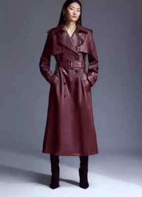 Stylish Leather Women's Trench Coat Burgundy New Handmade Genuine Lambskin Soft - Image 1 of 4