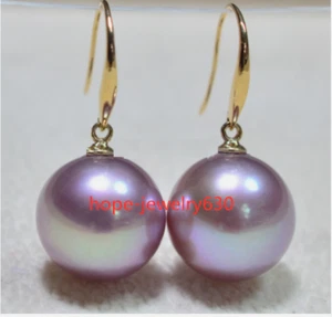 HUGE AAAA 16mm South Sea purple round Shell Pearl Earring 14K Yellow Gold Dangle - Picture 1 of 6