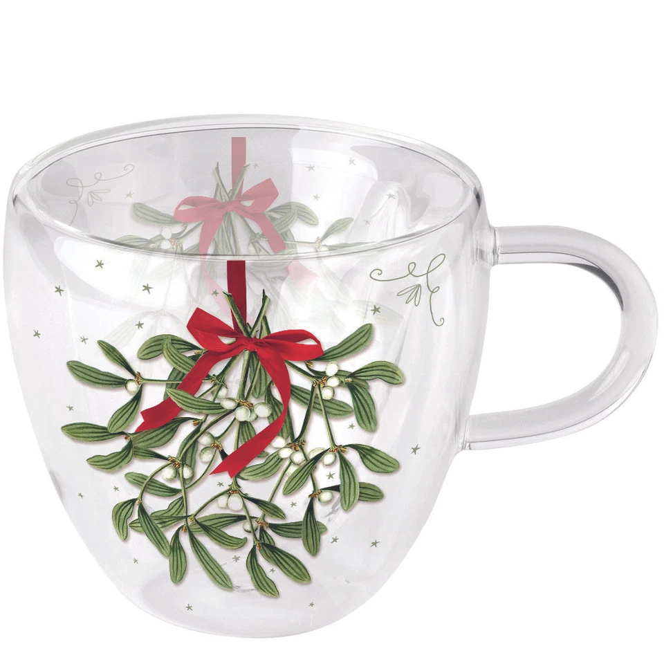 Weihnachten - Doppelwandiger Glasbecher - 9,5 cm x Ø 10 cm - Mistletoe with bow  - Bild 1 von 1